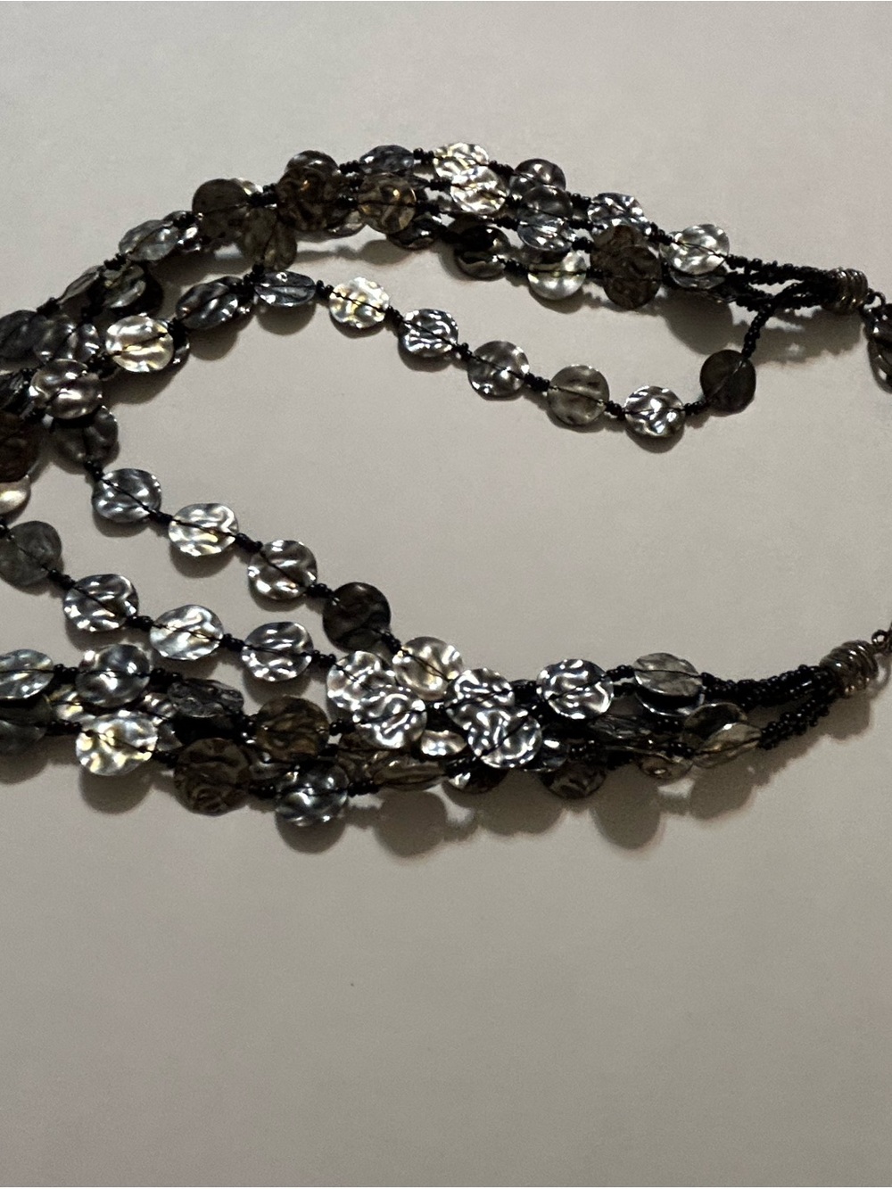 Chico’s Gunmetal Multi Strand Wavy Disc Beaded Statement Bib Necklace Boho